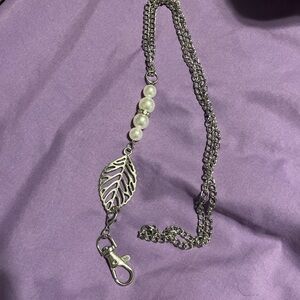 Silver and White Key and Card Holder with Leaf Charm